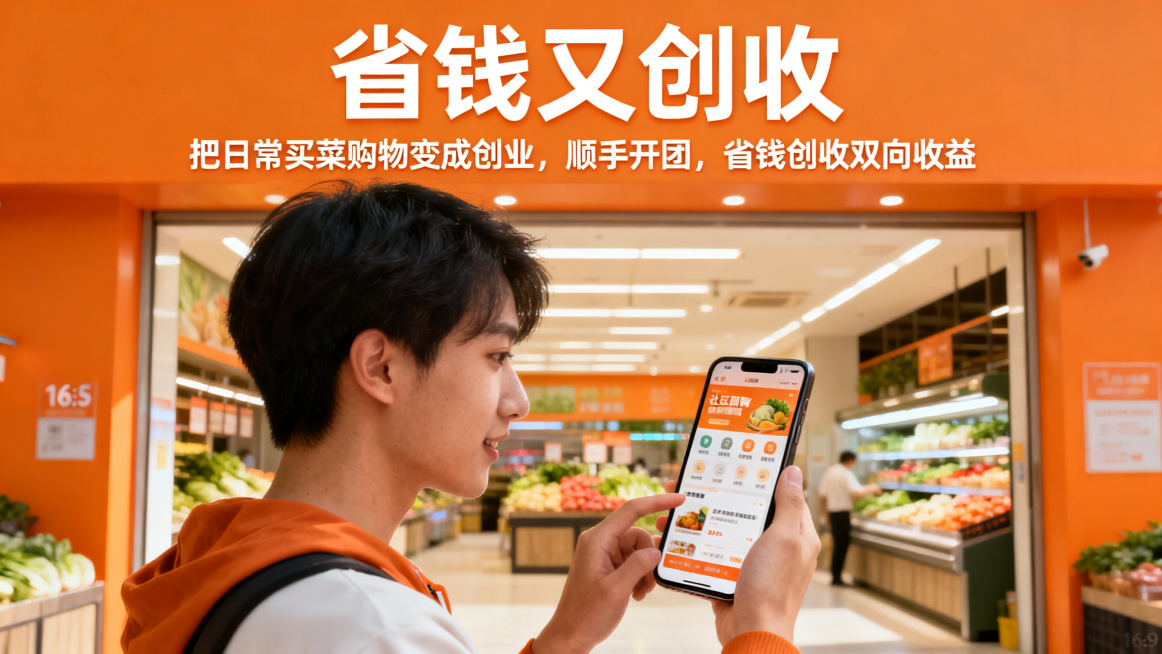 团购创业双赢海报，主标题“省钱又创收”，副标题“把日常买菜购物变成创业，顺手开团，省钱创收双向收益”，主标题和副标题文字分明。画面展示年轻人使用手机进行社区团购，背景是干净明亮的菜市场入口，橙色暖色调预览效果