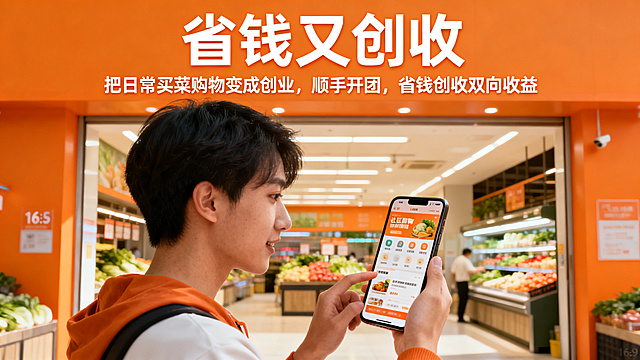 团购创业双赢海报，主标题“省钱又创收”，副标题“把日常买菜购物变成创业，顺手开团，省钱创收双向收益”，主标题和副标题文字分明。画面展示年轻人使用手机进行社区团购，背景是干净明亮的菜市场入口，橙色暖色调商业风格，16:9