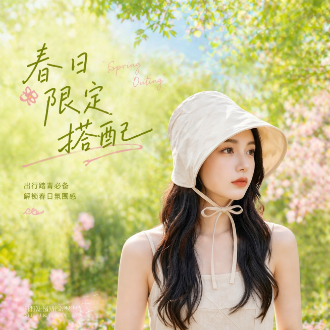 修改模特背景，将背景改为大面积春天绿色，搭配小面积蓝色和粉色，保留主体帽子和模特以及文字"春日限定搭配"，其他设计不变预览效果