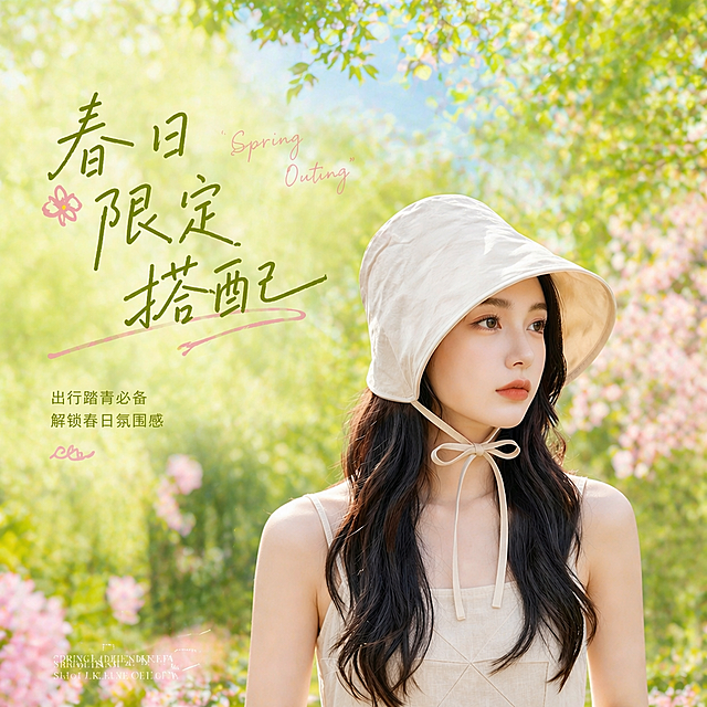 春日限定搭配，清新甜美元素融合手账风设计，柔和水彩质感营造浪漫唯美感，实景与插画结合，传递舒适文艺的时尚氛围。