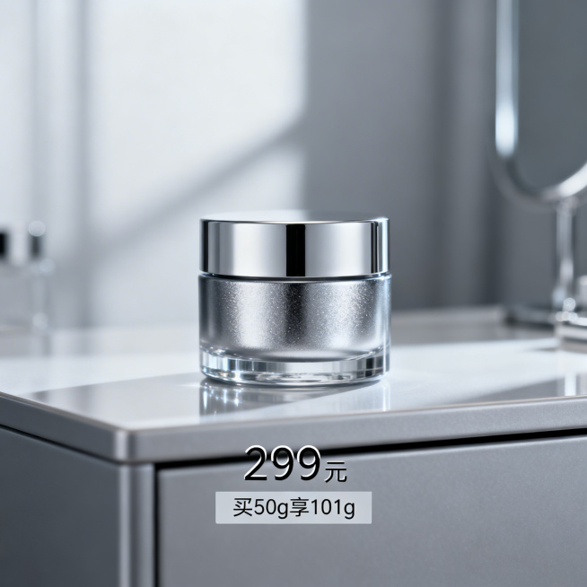 超红瓶抗皱面霜电商主图，场景为简约轻奢化妆台，冷调高级感光线，面霜瓶身作为视觉中心，画面下方显示文字“299元”“买50g享101g”，凸显产品高端质感预览效果