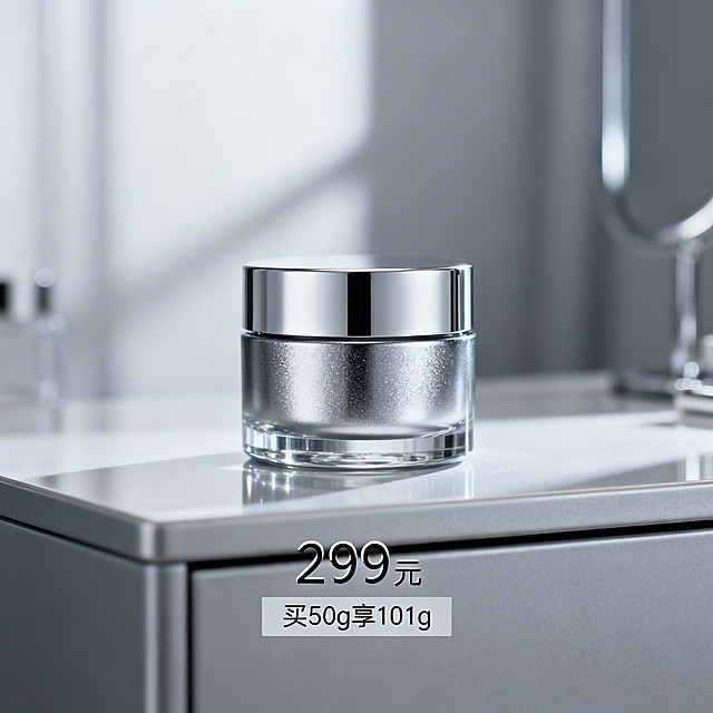 超红瓶抗皱面霜电商主图，场景为简约轻奢化妆台，冷调高级感光线，面霜瓶身作为视觉中心，画面下方显示文字“299元”“买50g享101g”，凸显产品高端质感