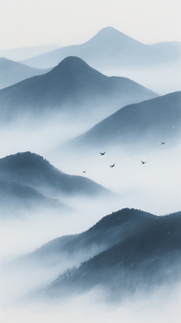 一幅极简风格的水墨山水画，画面以蓝灰色调为主，远处的山峰轮廓朦胧，近处的山峦层次分明，山间云雾缭绕，几只飞鸟点缀其间，意境悠远空灵。预览效果