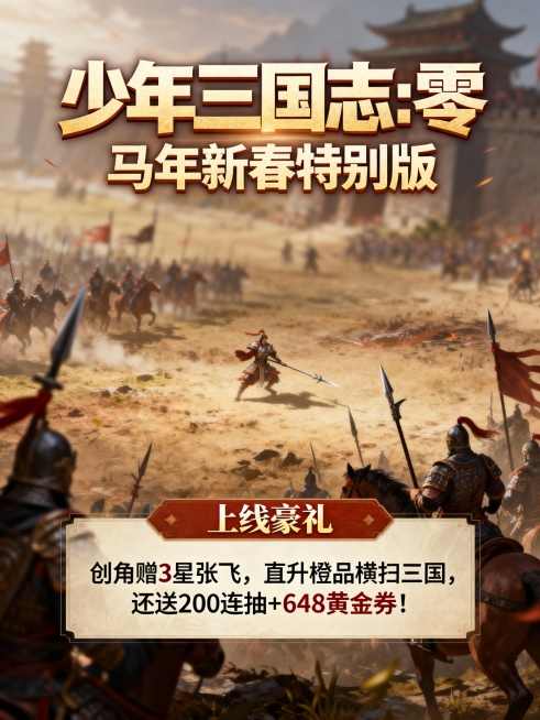 将以下文字生成3张宣传图片 ：主标题：少年三国志:零 副标题：马年新春免费版 ★【上线豪礼】创角赠3星张飞，直升橙品横扫三国，还送200连抽+648 黄金券！ ★【真龙试炼】免费完成真龙试炼，张飞直升预览效果