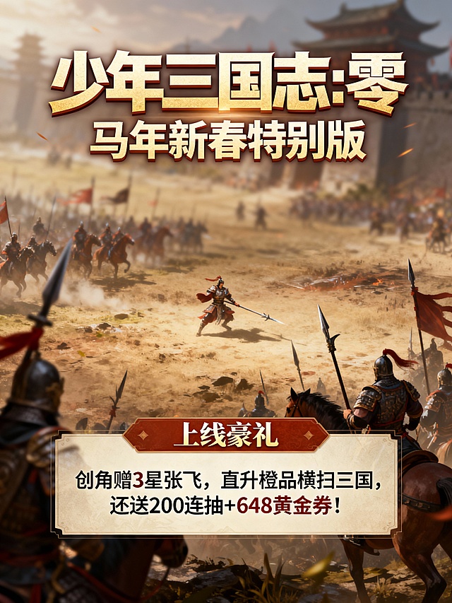 将以下文字生成3张宣传图片 ：主标题：少年三国志:零 副标题：马年新春免费版 ★【上线豪礼】创角赠3星张飞，直升橙品横扫三国，还送200连抽+648 黄金券！ ★【真龙试炼】免费完成真龙试炼，张飞直升满星18资质，飞升成神 ★【真实代金】每日 648 通宝券（不限时、可拆分），每周额外再送 1000通宝券及百连抽等奖励 ★【少年打金】每日最高万元打金额度，送尊贵特权、战令和大量礼包，背景为三国战场图景虚化，突出主标题和副标题， 每张福利词条不要重复，生成比例3:4 ，高清图片，把元 免费 充值抖音敏感词条过滤一下平台能过审的，不要触碰违禁词。