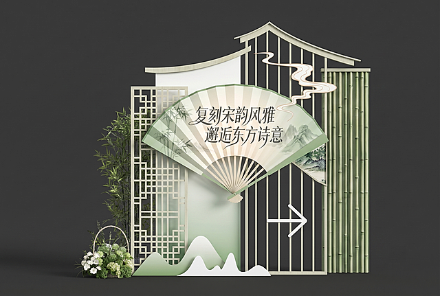 将图片中云朵状的文字区域替换为打开的中式折扇外形，保持文字内容不变：复刻宋韵风雅 邂逅东方诗意，将整体色系调整为白绿渐变，保留其他元素如中式建筑造型、镂空窗格、竹子、远山、花艺不变，保持原整体构图和设计风格