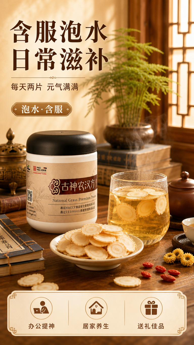 [商品] 使用【图5】人参片中式场景图；保留产品罐体、标签文字… - 图片创意预览