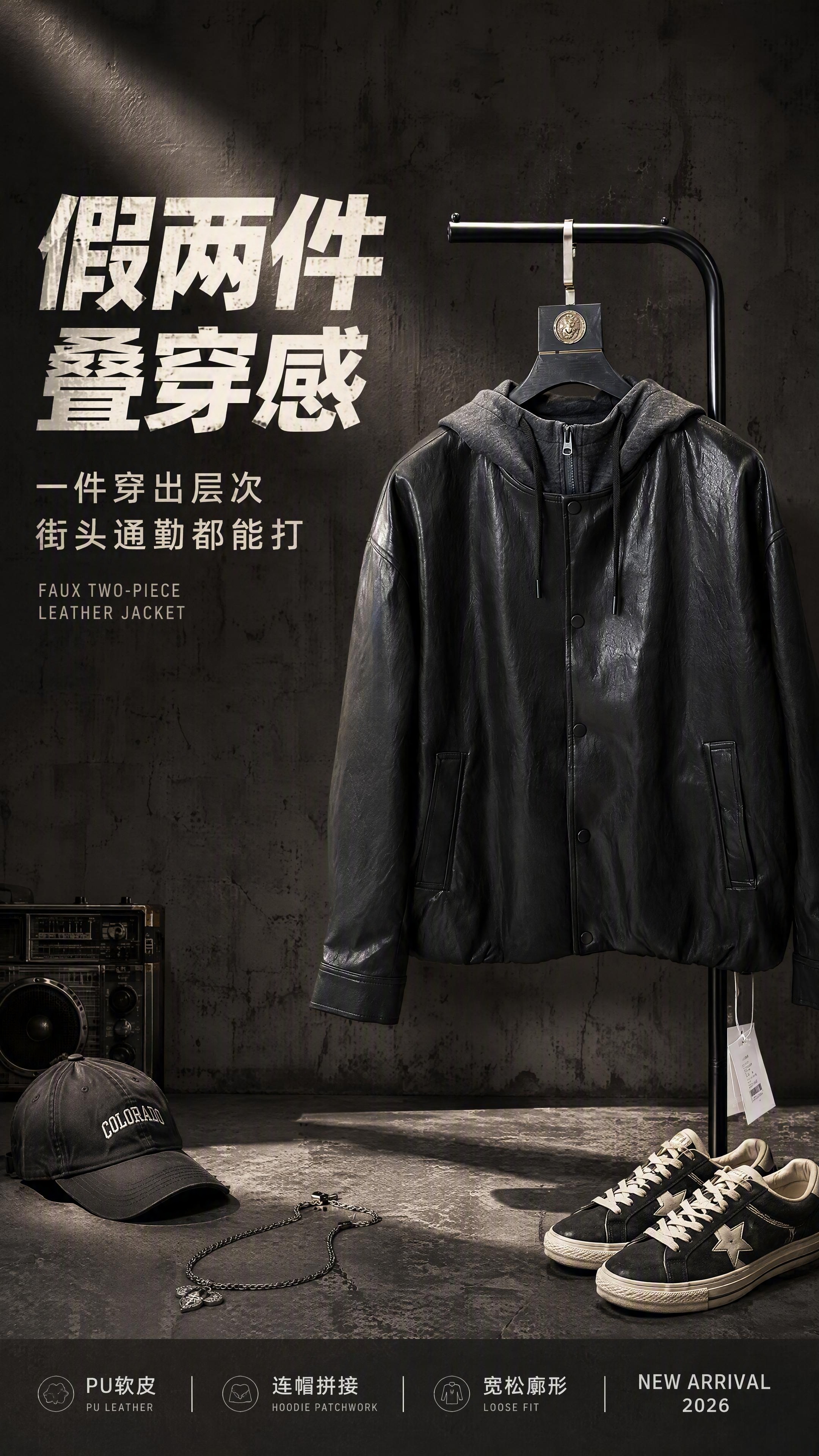 [第1张] 详情页头图-黑色假两件连帽PU皮夹克主视觉海报。本… - 图片创意预览
