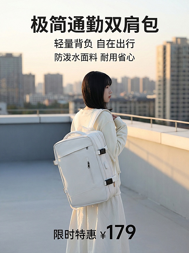 用图中的产品背包生成一张详情页的主页，带场景，要有氛围感，背景不要太杂