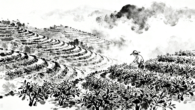 生成含采茶人的黑白水墨茶山图 横构图