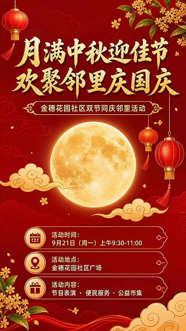基于参考图重新设计中秋国庆社区活动手机海报，竖版9:16。整体风格简洁大气，不要花哨，不要活动场景人物，不要二维码区域。保留元素：月亮、灯笼、桂花、祥云等中秋国庆节日元素。画面顶部居中大标题"月满中秋迎佳节 欢聚邻里庆国庆"，金色书法字体，简洁有力。副标题"金穗花园社区双节同庆邻里活动"在主标题下方。画面中部以大圆月为主体视觉，周围点缀简约的祥云、灯笼、桂花枝，布局疏朗不拥挤。底部信息区域：三条关键信息，简洁排版。第一条"活动时间：9月21日（周一）上午9:30-11:00"，第二条"活动地点：金穗花园社区广场"，第三条"活动内容：节目表演 · 便民服务 · 公益市集"。整体配色：中国红为主色调，金色点缀，暖黄色月光，色调统一不杂乱。背景：深红色渐变，少量传统云纹暗纹，干净不花哨。装饰元素精简：月亮、2-3个灯笼、几枝桂花、少量祥云，点到为止。画面中所有数字必须精确渲染，不得错位、遗漏或编造。画面中所有信息区域必须填充完整合理的内容，不得出现空白框。版式精美，留白充足，层次分明，四周留足安全边距，文字清晰可读。