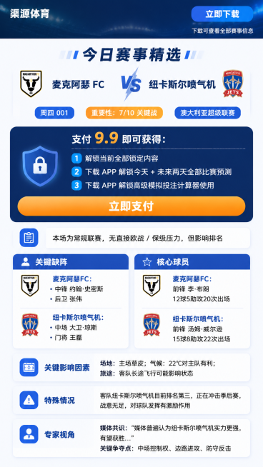 单页H5设计，纵向9:16流式布局，现代简洁体育资讯风格，从上到下依次包含：
1. 顶部导航栏：左上角文字"渠源体育"，右上角蓝色按钮，按钮文字"立即下载"，按钮下方小字"下载可查看全部赛事信息"
2预览效果