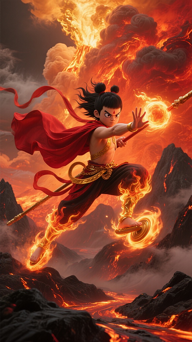 中国神话风格，哪吒位于画面中心，呈现向前俯冲的战斗姿态，一手紧握火尖枪指向前方，另一手手掌向前推出蕴含火焰的能量球，黑色长发随风狂舞，红色披风和混天绫在炽热气流中激烈飘扬，全身环绕金色火焰，脚踩风火轮喷射出耀眼火光。背景为翻腾的橙红色火山云与喷发的岩浆，云层边缘透出金色光芒，下方是燃烧的黑色山峦，整体画面具有强烈的动态感和史诗氛围，采用电影海报级别的3D渲染效果，高对比度，细腻的火焰纹理和烟雾效果，主色调为红、橙、金、黑，光影层次丰富，高光与阴影对比强烈，营造出炽热、激昂、充满力量的视觉冲击力。