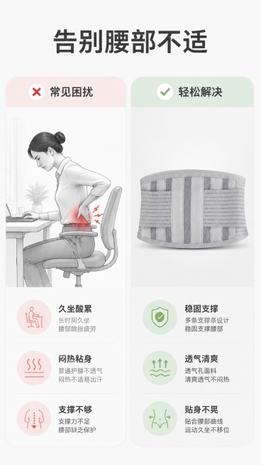 [第2屏] 腰部痛点与解决方案对比页。本屏使用【图1】作为产品展示。
[氛围/风格] 清晰对比说明风格，简约实用，专业可信。
[元素布局] 左右分栏对比布局，左栏展示痛点场景，右栏展示产品解决效果；左预览效果