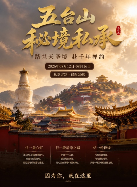 高端国风五台山旅游海报，竖版尺寸对应比例21:28.5（约3:4），整体大气高级，背景为金碧辉煌的五台山皇家寺庙全景，鎏金顶在阳光下闪耀，红墙黛瓦，云雾缭绕，展现皇家气派与神圣感。顶部放置主标题"五台预览效果