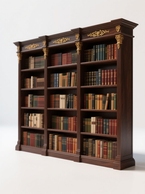 3D渲染的不同样式书架，深棕色实木材质，带有金色雕花装饰顶部，多层隔板上整齐排列着各种颜色和厚度的精装书籍，书脊可见不同文字和图案，整体呈现古典优雅的氛围，光线柔和，阴影自然，白色背景突出主体，书架结构稳固，设计精致，展现出复古而庄重的视觉风格。预览效果