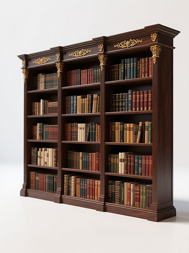 3D渲染的不同样式书架，深棕色实木材质，带有金色雕花装饰顶部，多层隔板上整齐排列着各种颜色和厚度的精装书籍，书脊可见不同文字和图案，整体呈现古典优雅的氛围，光线柔和，阴影自然，白色背景突出主体，书架结构稳固，设计精致，展现出复古而庄重的视觉风格。