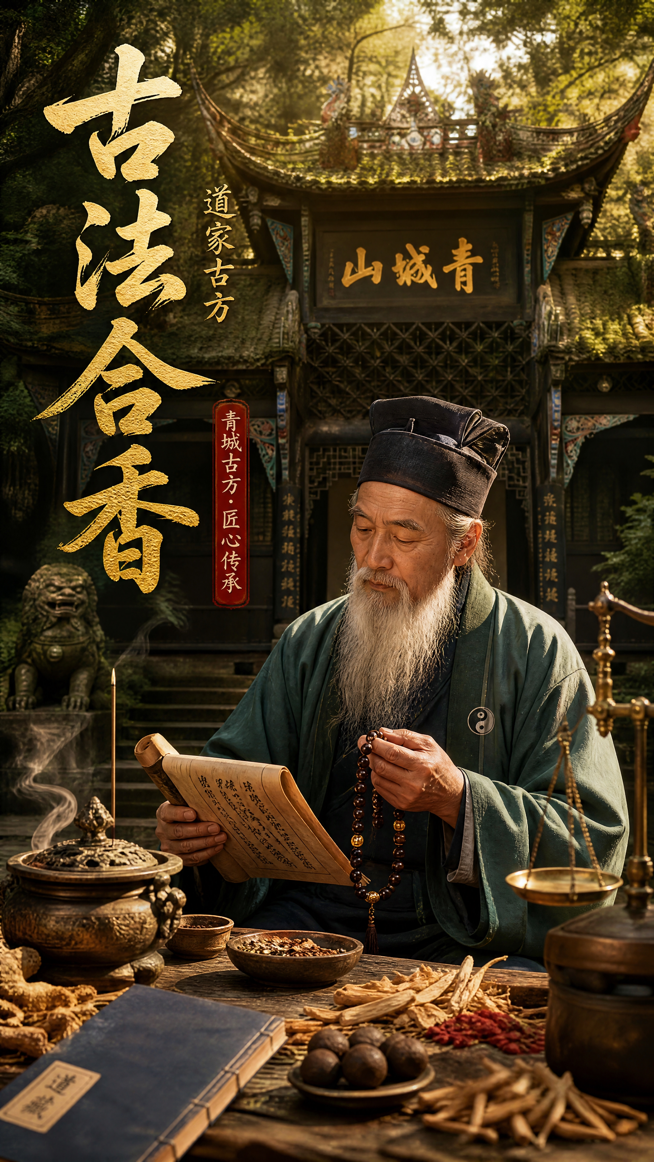 重新设计这张古法合香海报，整体改为青城山道家主题： 1. 移除… - 图片创意预览