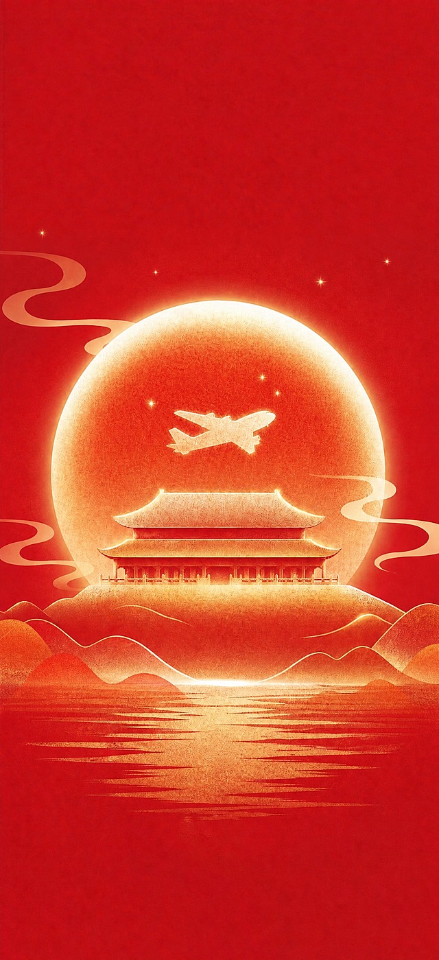 将图中月亮里的兔子替换为飞机造型，保持原图的红色国潮插画风格、金色质感、整体构图、比例大小完全不变，仅把兔子换成飞机造型，飞机为白色剪影风格，与原兔子的视觉质感和位置一致