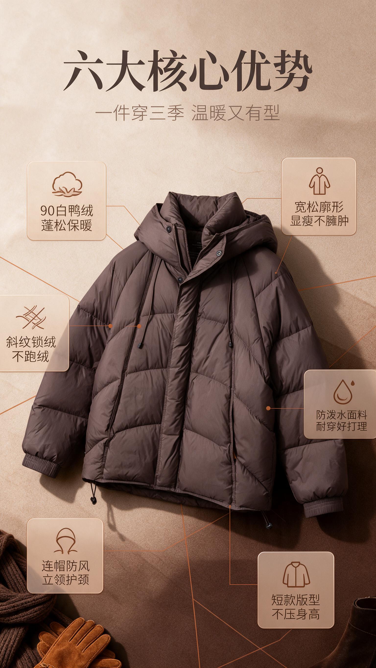 [商品] 使用【图1】美拉德棕短款连帽羽绒服；商品处理：保留连… - 图片创意预览