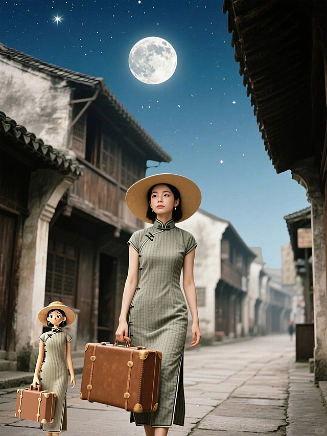 复古中式插画风，超现实主义手法，文艺感十足的月夜古街，人偶与真人同行，梦幻而温馨。