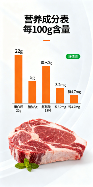 详情页营养价值屏，高级生鲜风格，750x1500竖版，2K分辨率。画面顶部放置标题“营养成分表 每100g含量”，下方是简洁的扁平化图表，橙色柱状图分别展示：蛋白质22g、脂肪5g、碳水0g、氨基酸1预览效果