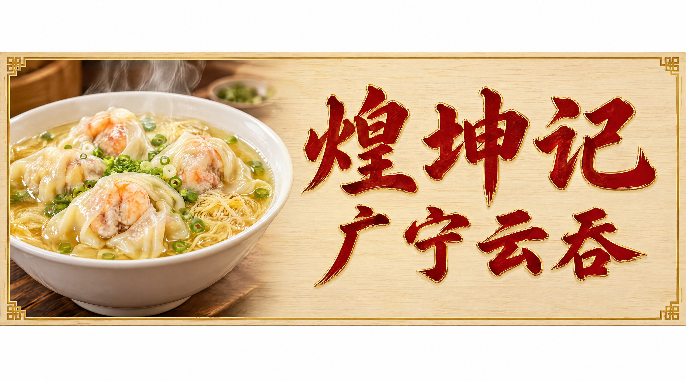 广式云吞面馆店招设计，横版长方形构图。左侧是一碗诱人的广宁云吞… - 图片创意预览