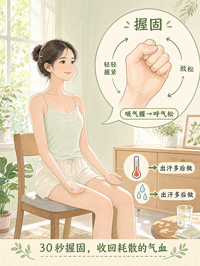 明亮干净的室内手绘插画，整体清新柔和，清凉浅绿和米白色调：一位穿浅色夏装的年轻女性坐在椅子上，双手自然放在大腿上，手掌朝上；特写气泡展示她右手动作：大拇指被其余四指包裹成拳，旁边标注文字"握固"，拳头周围有轻柔弧线表示"轻轻握紧—放松"，配小字"吸气握→呼气松"；旁边有温度计和汗滴图标，用小箭头标注说明"出汗多后做"；背景有夏日阳光和绿植，画面下方写小字"30秒握固，收回耗散的气血"