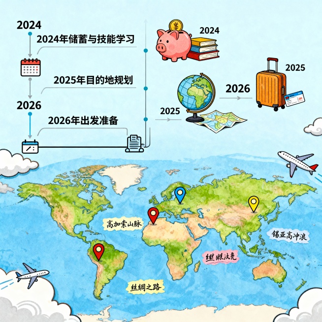 制作一张视觉时间轴，左侧标注2024-2026的关键准备节点，右侧配对应目的地氛围图；底部用世界地图标注推荐目的地，搭配灵动的手写标签预览效果