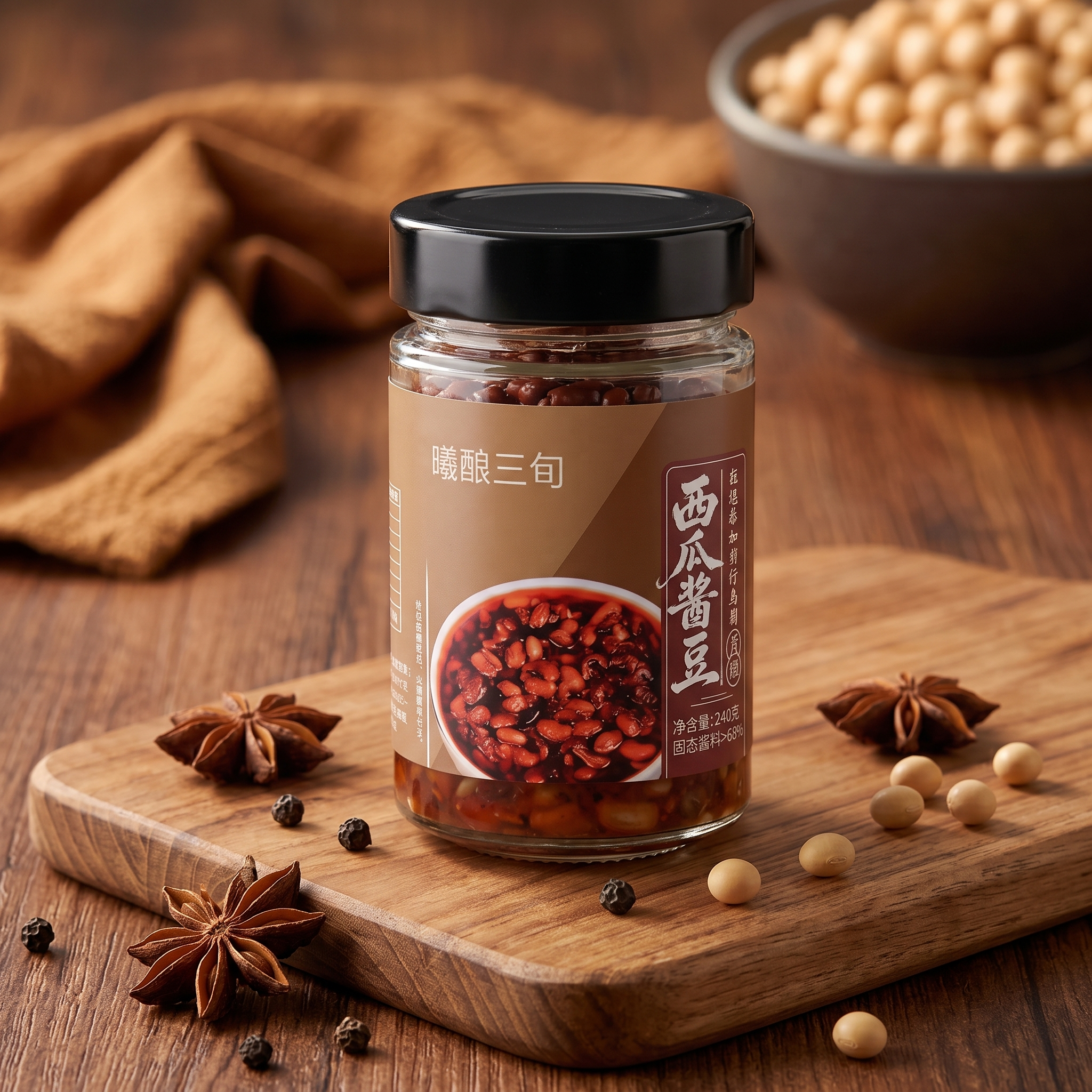 为商品图西瓜酱豆生成新背景，参考第二张图的木质砧板场景，相似度… - 图片创意预览