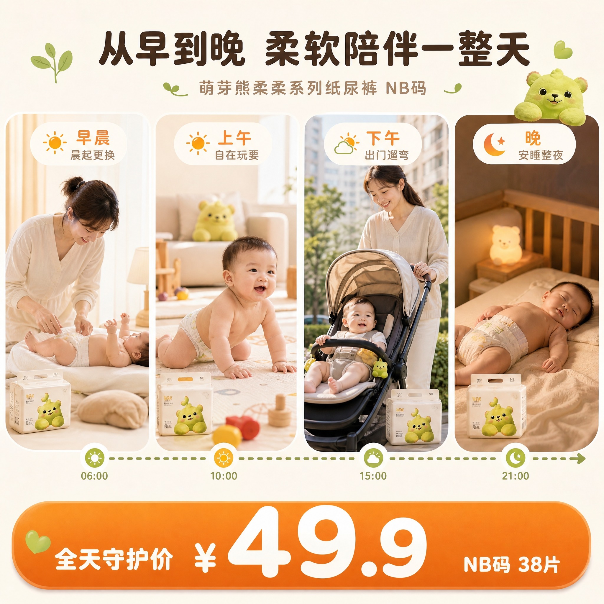 [主图-4差异化重绘] 萌芽熊柔柔系列纸尿裤NB码 一天使用时… - 图片创意预览