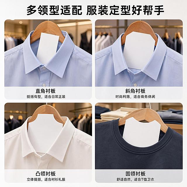 [主图-4] 服装衬板多场景适配展示
[氛围风格] 实用场景，真实代入
[画质] 商业实景摄影质感，光线自然通透
[元素] 服装店内陈列场景，多种不同形状衬板分别放置在对应的衬衫、T恤衣领内侧，展示使用效果。衬板保持原图外形和白色质感不变，自然融入服装整理场景，真实展示定型效果。画面主体突出衬板的使用用途。商品整体占比约70%
[光影] 店铺室内柔和自然光，整体亮度均匀，自然真实
[配色] 服装陈列场景自然色调，衬板白色保持干净，背景服装色彩柔和不抢主体
[视角构图] 平视场景构图，四格宫格分别展示四种不同领型衬板的使用效果，每张都清晰展示衬板位置和作用
[文字版式] 顶部标题 "多领型适配 服装定型好帮手"，黑色粗体居中。宫格下方标注对应领型名称，小字清晰说明，不遮挡产品
[比例分辨率] 1:1比例，4k分辨率；文字清晰锐利，画面超高清
[负向提示词] 变形，文字错乱，产品图模糊，背景杂乱，水印，电商平台Logo