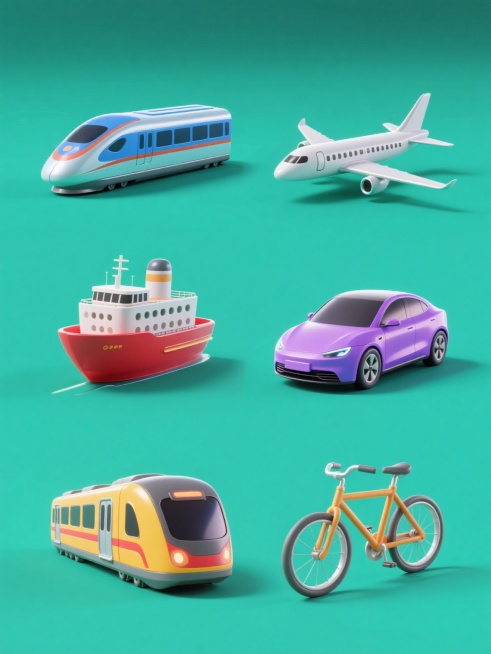 一系列6个现代交通工具主题的插画集合，每个元素采用不同纯色背景（如蓝色、绿色、紫色、红色、黄色、灰色），保持原插画的3D立体风格、圆润流畅的线条、光滑的金属质感和明亮柔和的光影效果，画面整体色彩变换为对应纯色背景的和谐色调，元素类目为交通工具，包括高速列车、飞机、轮船、汽车、地铁、自行车，每个交通工具都有独特的颜色搭配和细节设计，所有元素规整排布，形成统一且富有变化的系列素材。预览效果