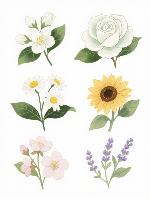 清新雅致的手绘风格花卉套系，包含茉莉花、玫瑰花、小雏菊、向日葵、樱花、薰衣草。每朵花都具有细腻的白色和绿色为主的配色，花瓣边缘有清晰的线条勾勒，内部填充柔和的渐变色，花蕊呈现明亮的黄色。叶片为深绿色，带有细致的叶脉纹理和自然的阴影效果，整体构图简洁大方，花朵和枝叶的形态自然舒展，保持一致的手绘质感和清新淡雅的氛围，背景为纯白色，突出花卉主体。预览效果