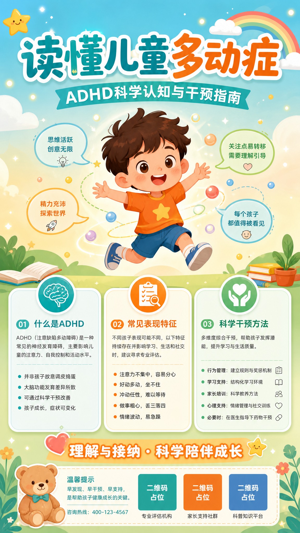 儿童注意力缺陷多动障碍ADHD科普海报，扁平插画风格，温馨专业… - 图片创意预览