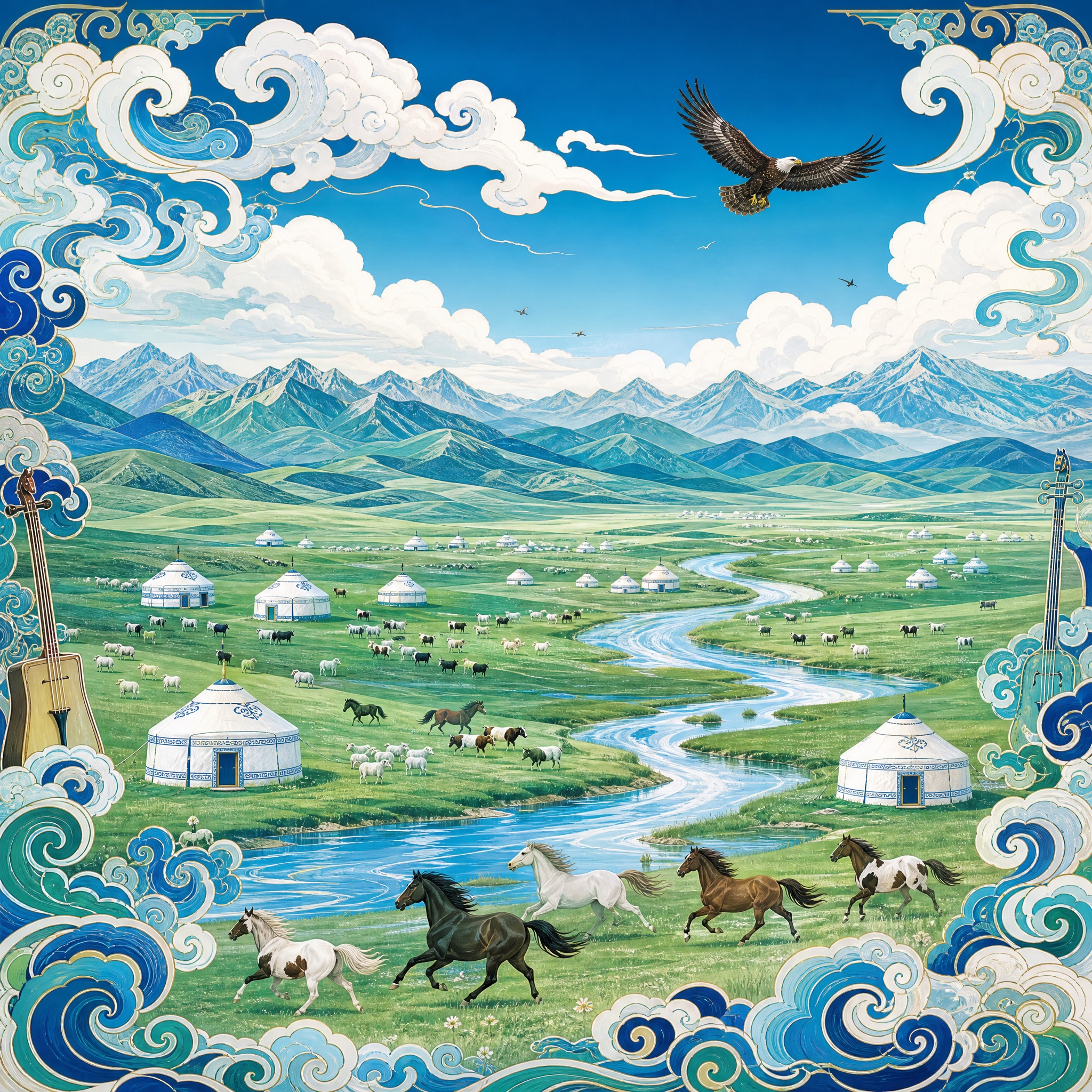 国潮风景插画，蒙古族主题，辽阔的内蒙古大草原上，白色蒙古包星罗… - 图片创意预览