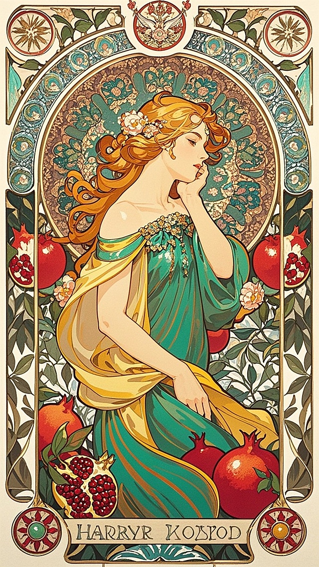 复古穆夏风，唯美观优雅，浪漫油画感，花果环绕，古典美人。