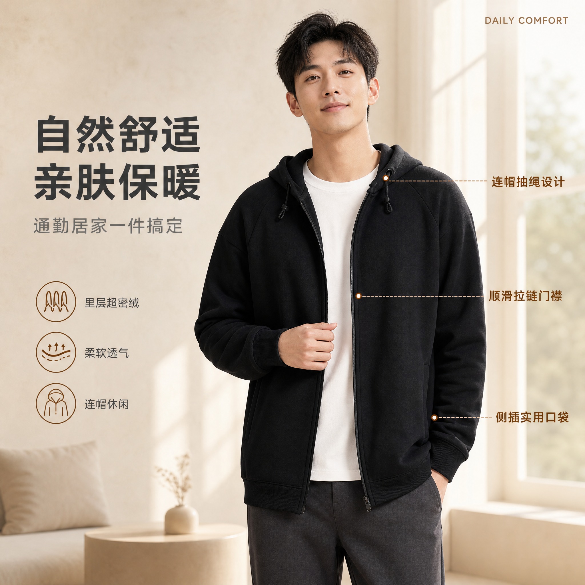 [单张主图] 超密绒连帽长袖男开衫，高级氛围感路线，服饰穿搭专… - 图片创意预览