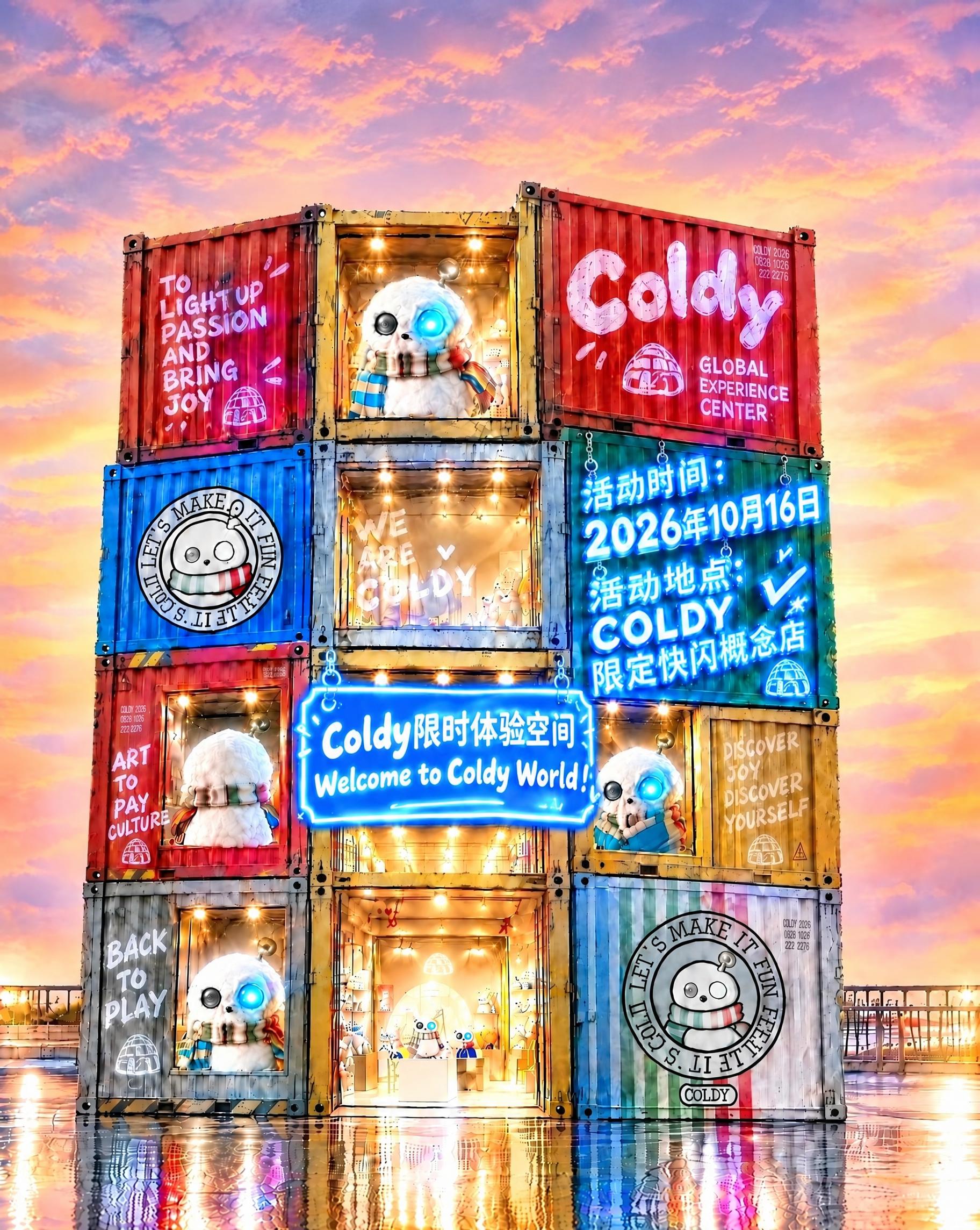 保持原图所有集装箱、Coldy形象、中间蓝色灯牌、右侧活动地点… - 图片创意预览