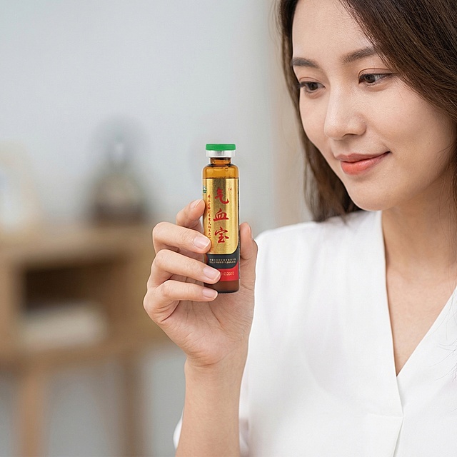 将图中人物拿着的杯子替换成这个棕色玻璃瓶，瓶子带有金色红色标签，瓶盖为绿色，标签上写着气血宝，保持画面整体光影和风格自然融合，替换自然不违和