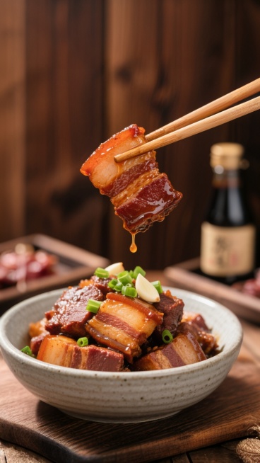 超写实美食摄影风格，特写镜头，一块被木质筷子夹起的红烧肉，肉皮焦红油亮，琥珀色的浓稠酱汁正从肉块边缘滴落，下方是装满同款红烧肉的浅灰色粗陶碗，碗中肉块层次分明，肥瘦相间，表面点缀着翠绿的葱花和蒜片，背预览效果