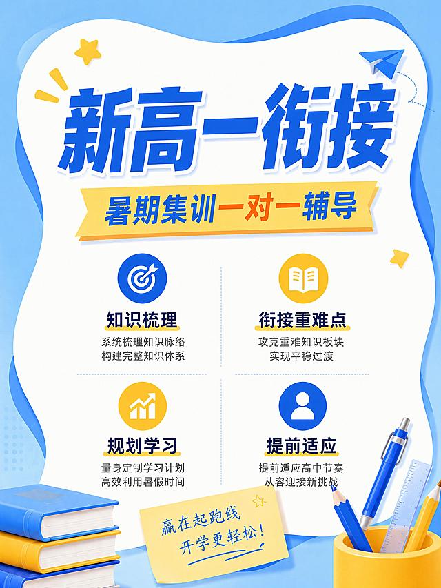 参考图片的蓝黄配色和信息布局风格，招生海报，主标题"新高一衔接"，副标题"暑期集训一对一辅导"，四个卖点：知识梳理，衔接重难点，规划学习，提前适应，保留图标+卖点排版，蓝黄清新教育风，3:4比例，文案清晰完整，画面高清，版式精美