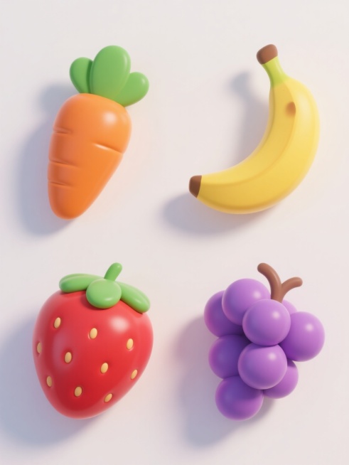 一系列4个不同的卡通风格食物图标，每个图标都具有圆润光滑的3D立体造型，明亮饱满的纯色，轻微的高光和阴影增强立体感，白色纯色背景，图标元素分别为橙色胡萝卜配绿色叶子、红色草莓配绿色叶子、黄色香蕉、紫色葡萄串，所有图标大小一致，呈2x2网格规整排布，整体保持统一的可爱卡通3D风格和视觉语言。预览效果