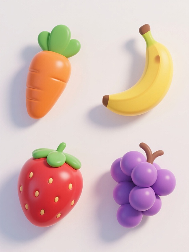 一系列4个不同的卡通风格食物图标，每个图标都具有圆润光滑的3D立体造型，明亮饱满的纯色，轻微的高光和阴影增强立体感，白色纯色背景，图标元素分别为橙色胡萝卜配绿色叶子、红色草莓配绿色叶子、黄色香蕉、紫色葡萄串，所有图标大小一致，呈2x2网格规整排布，整体保持统一的可爱卡通3D风格和视觉语言。
