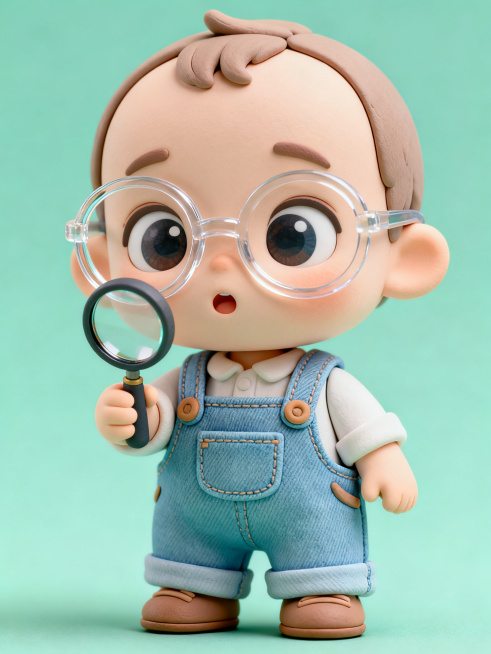 A smart, curious chibi baby with large wide eyes, wearing oversized round clear glasses and light bl预览效果