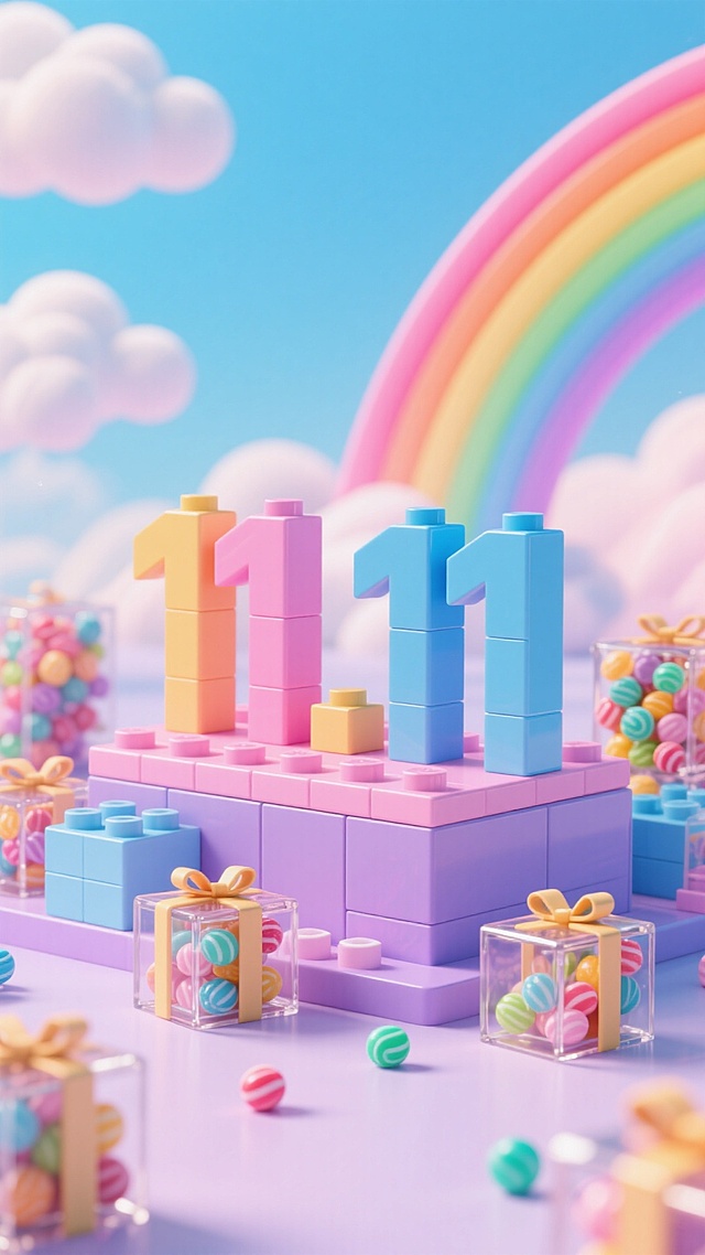 打造积木风的双 11 主题视觉画面，以粉蓝、浅紫为主色调，画面中有积木展示台，上面有 “11.11” 立体字，周围环绕着装满糖果的玻璃礼盒，背景是飘着彩虹的童话天空，营造出梦幻的购物氛围。
