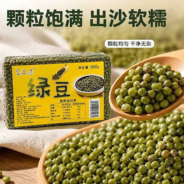 [主图-3] 立景绿豆细节展示主图，微距放大展示绿豆颗粒饱满质感
[氛围风格] 微距特写，突出颗粒纯净品质
[画质] 超高清细节商业摄影，纹理清晰，质感真实
[元素] 左侧保留完整产品包装作为品牌展示，右侧微距特写勺子舀起饱满绿豆颗粒，清晰展示每颗绿豆表皮自然纹理，颗粒均匀完整颜色鲜绿，用引线标注"颗粒均匀 干净无杂"。保持产品包装外观、文字和颜色与原图完全一致，杜绝变形色差。
[光影] 侧光拍摄，突出绿豆颗粒表皮纹理质感，光线柔和，颗粒明暗过渡自然，高光清晰不刺眼。
[配色] 青绿色绿豆为主，搭配勺子木色和包装黄色，整体自然干净。
[视角构图] 左产品包装右微距特写，左右拼接构图，视觉焦点引导至颗粒细节。
[文字版式] 顶部大字文案"颗粒饱满 出沙软糯"，深绿色粗体，下方标注标注信息采用细引线指向细节，文字清晰不遮挡主体。
[输出要求] 1:1比例，文字清晰可辨，超高清商业摄影质感。
[负向提示词] 变形，文字错乱，产品图模糊，背景杂乱，水印，电商平台Logo，绝对化违禁词，疾病治疗宣传。
