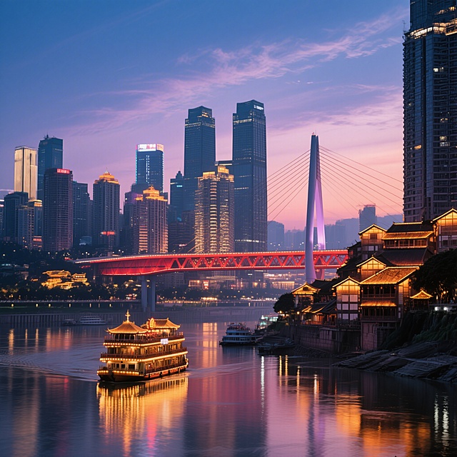 重庆黄昏时分的城市夜景，天空是渐变的蓝紫色调，点缀着柔和的云彩。江面上波光粼粼，倒映着岸边璀璨的灯火和一座红色钢索大桥，桥的后方是林立的现代化高楼大厦，部分建筑顶部亮着霓虹灯光。江中有一艘装饰华丽的游船正在航行，船上灯火通明。岸边低处是一片古色古香的建筑群，屋顶的灯光温暖而明亮，和远处的现代高楼形成鲜明对比。整体画面光影层次丰富，色彩和谐，营造出繁华而又宁静的都市氛围。