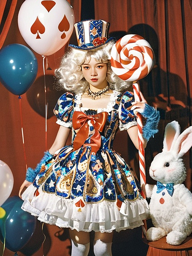 梦幻复古宫廷风，卡通动漫少女身着刺绣面料洛丽塔裙，手持棒棒糖与白兔玩偶，甜美元素交织，轻拟物设计点缀，营造童话般甜蜜可爱氛围。