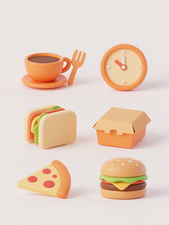 6个不同餐饮外卖相关元素的3D卡通图标，保持统一的橙色与米黄色主色调、圆润立体造型、平滑质感和简洁线条风格，包含咖啡杯、餐具、时钟、三明治、披萨盒、汉堡图标，规整地在白色背景上以两行三列排布，每个图标间距均匀，整体视觉平衡协调，无多余装饰元素。